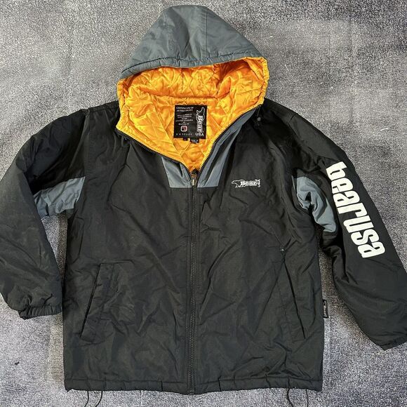 Men's Vintage 90's Bear USA Black Gray Yellow Quilted Hooded Puffer Jacket Sz L - Picture 1 of 5